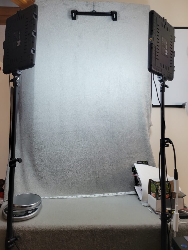 eBay photo setup with gray blanket backdrop and LED panel lights