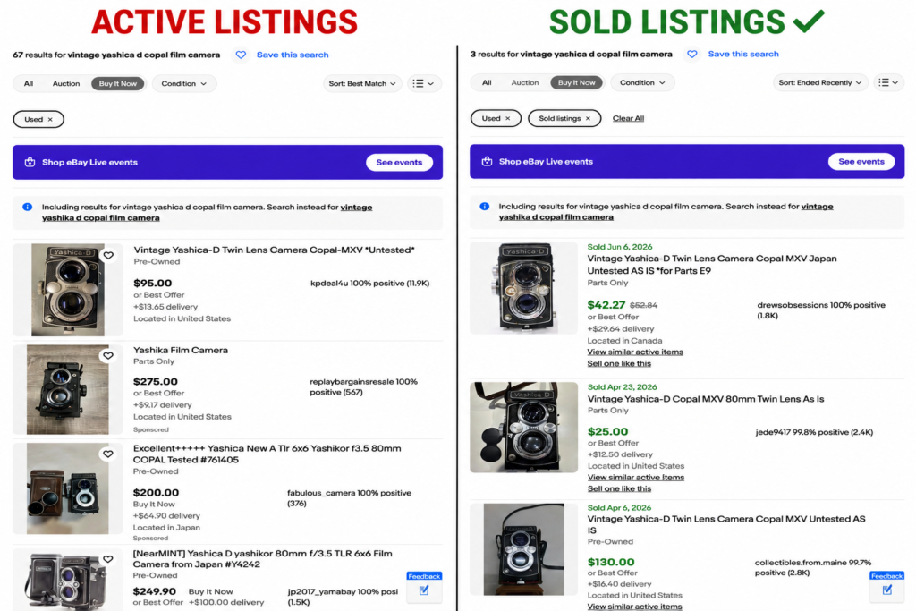 Comparison of active and sold eBay listings used to research item prices before listing.