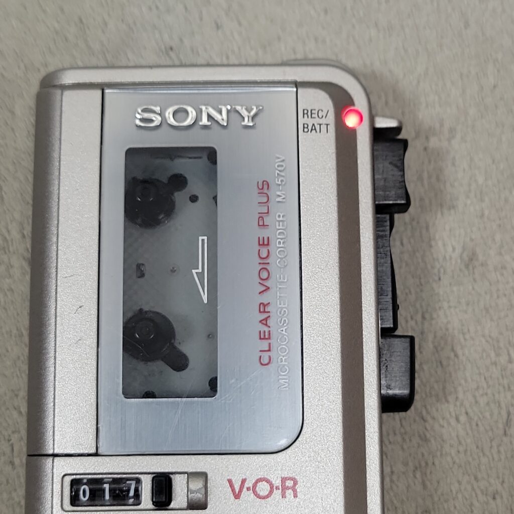 Sony microcassette recorder powered on while being tested for an eBay listing